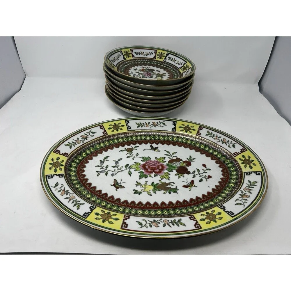 Vintage Chinese Famille Rose Platter 16x12 & 8 Bowls 9
